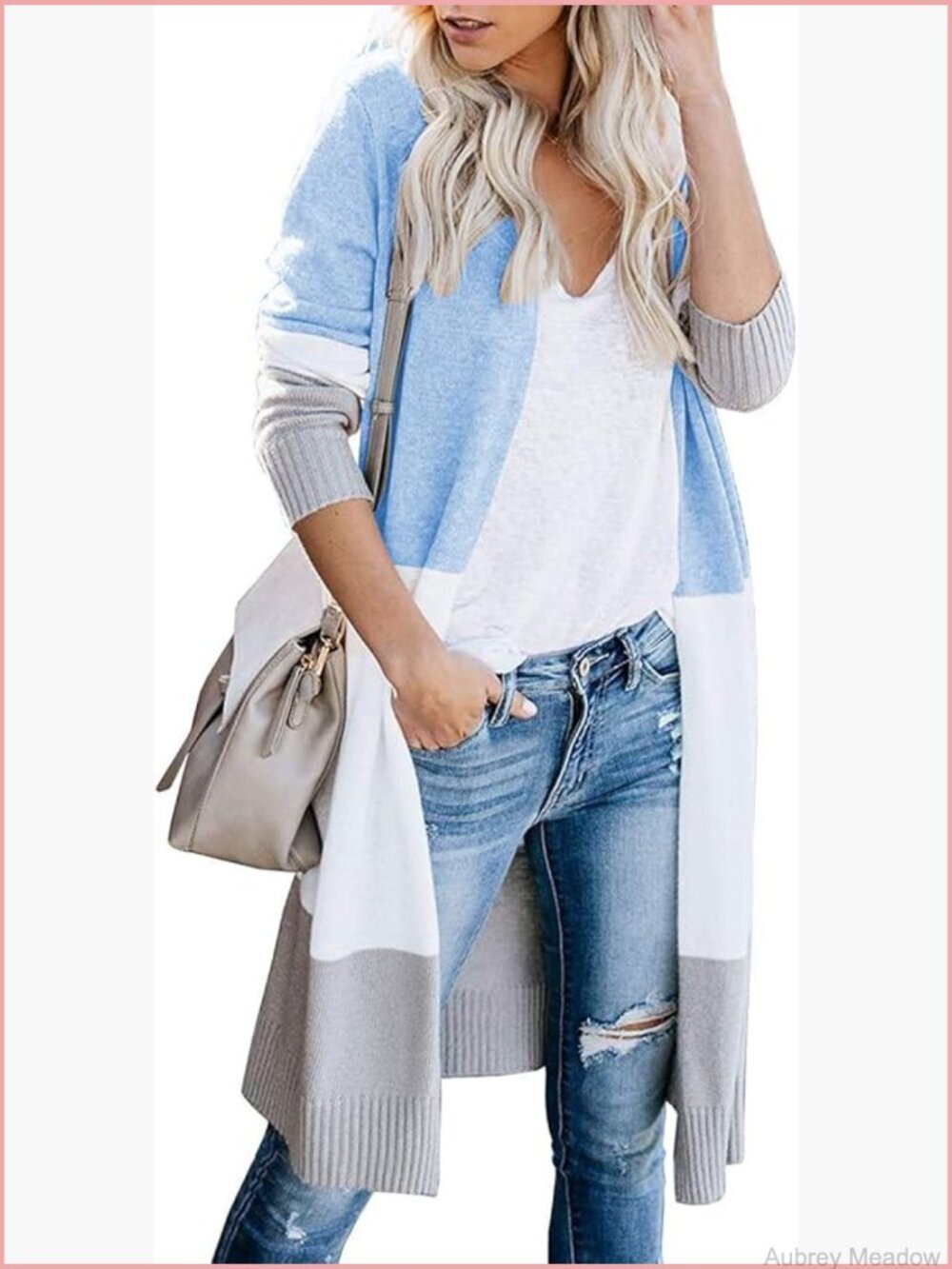 Long Color Block Open Front Cardigan Sweater Knit Duster